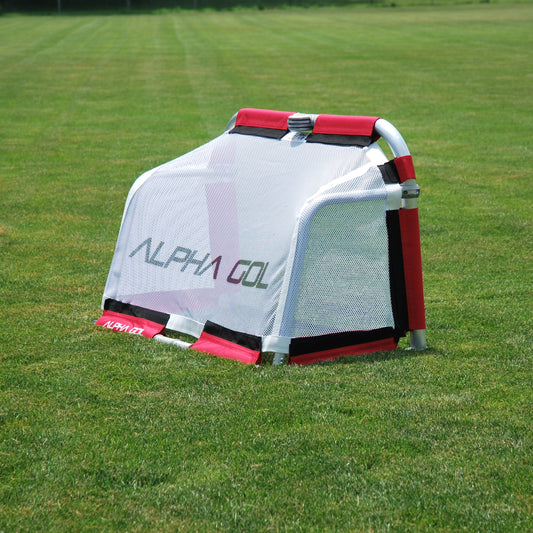 Back of a portable soccer goal on green grass, red and silver frame with white mesh netting