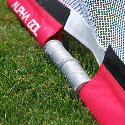 Close-up of quick-release frame connector that separates so the goal folds down