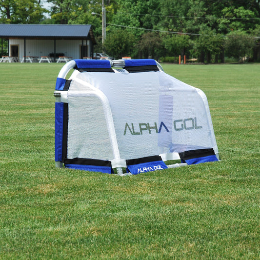 Royal soccer goal back view, assembled and propped up, silver aluminum frame with white mesh netting
