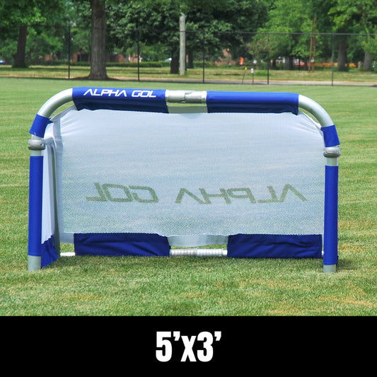 Royal soccer goal front view, assembled and propped up, silver aluminum frame with white mesh netting