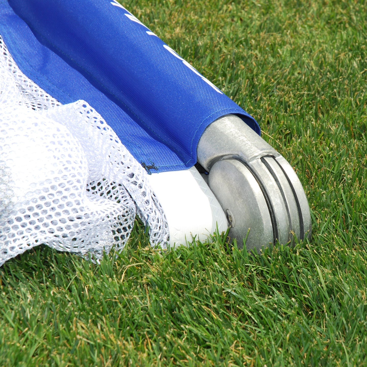 Close-up of Alpha Gol V1 folding joint, silver aluminum frame