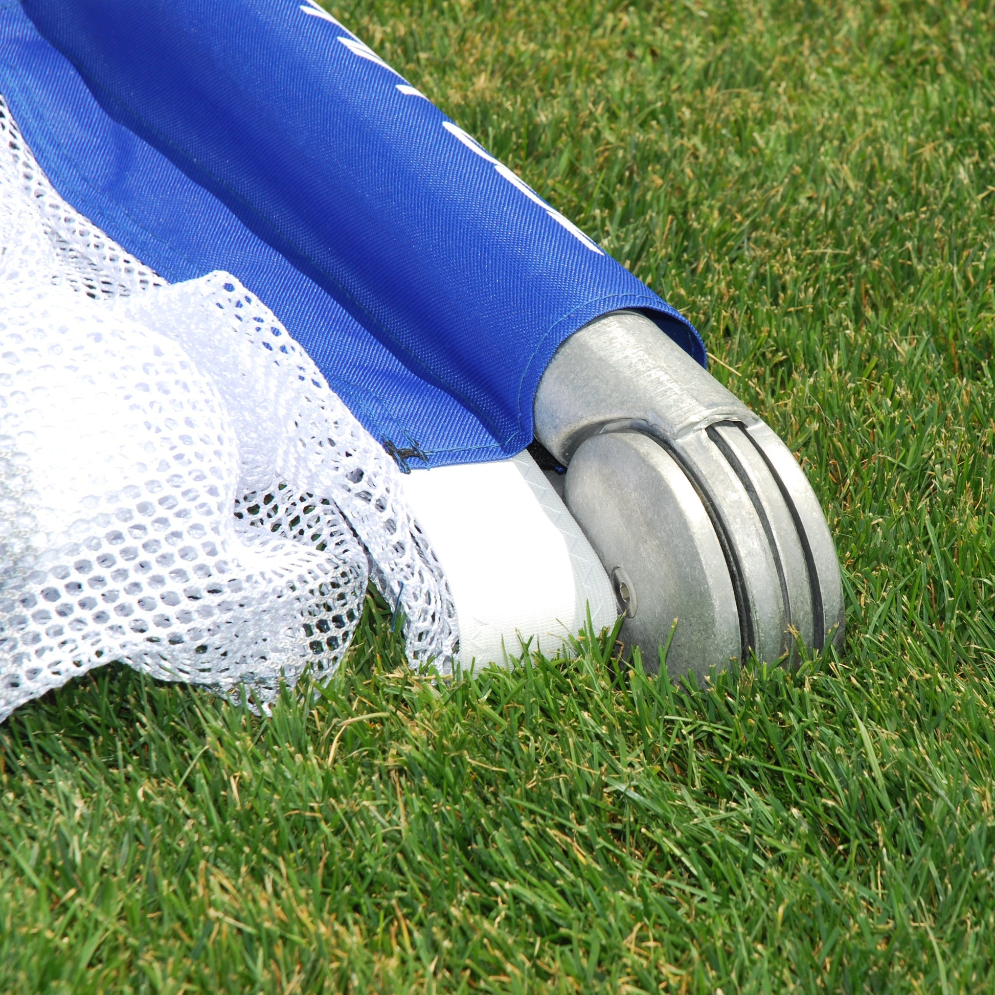 Close-up of Alpha Gol V1 folding joint, silver aluminum frame