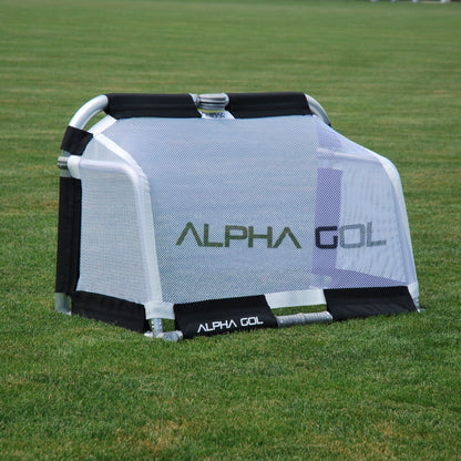 Black folding soccer goal on grass, back view, silver aluminum frame with white mesh netting
