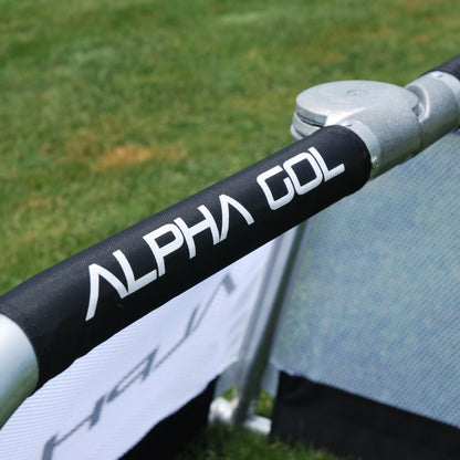 Close-up of Alpha Gol V1 padding strap with logo, black material