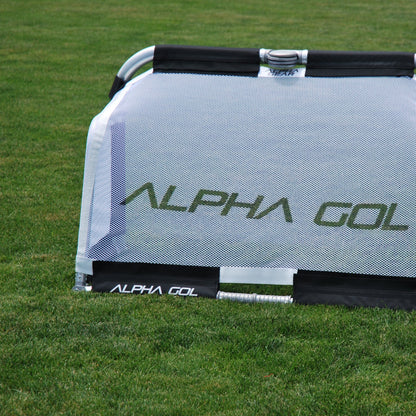 Black soccer goal back view, close-up, silver aluminum frame with white mesh netting